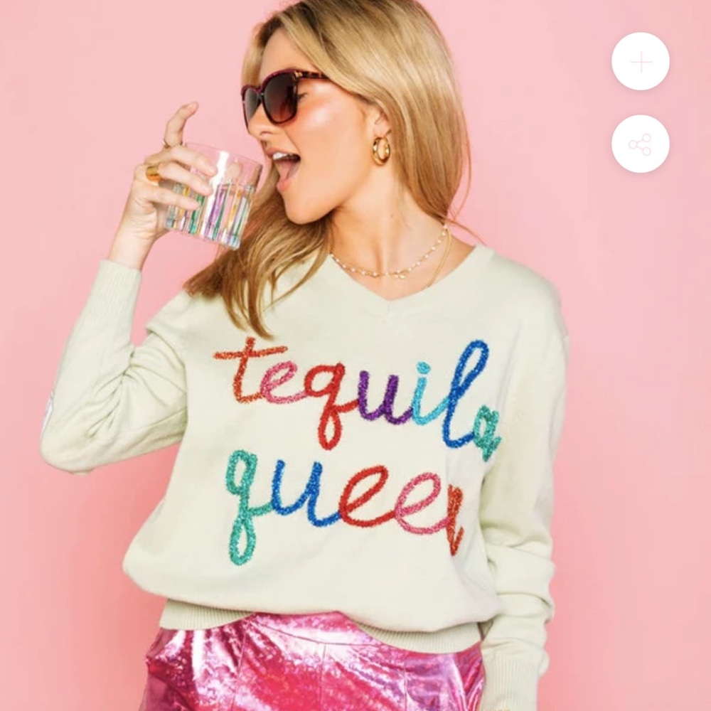 QUEEN OF SPARKLES Ivory Sweater with Multi-Color 'tequila queen' Script